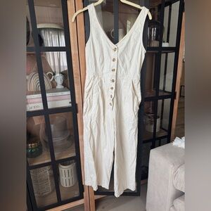 ASOS denim jumpsuit oatmeal wide leg straight beige lineny sleeveless pockets